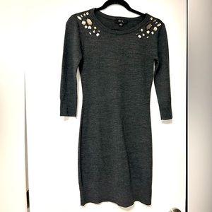 Dark gray body-con dress with jewel detailing on shoulders. BCX small